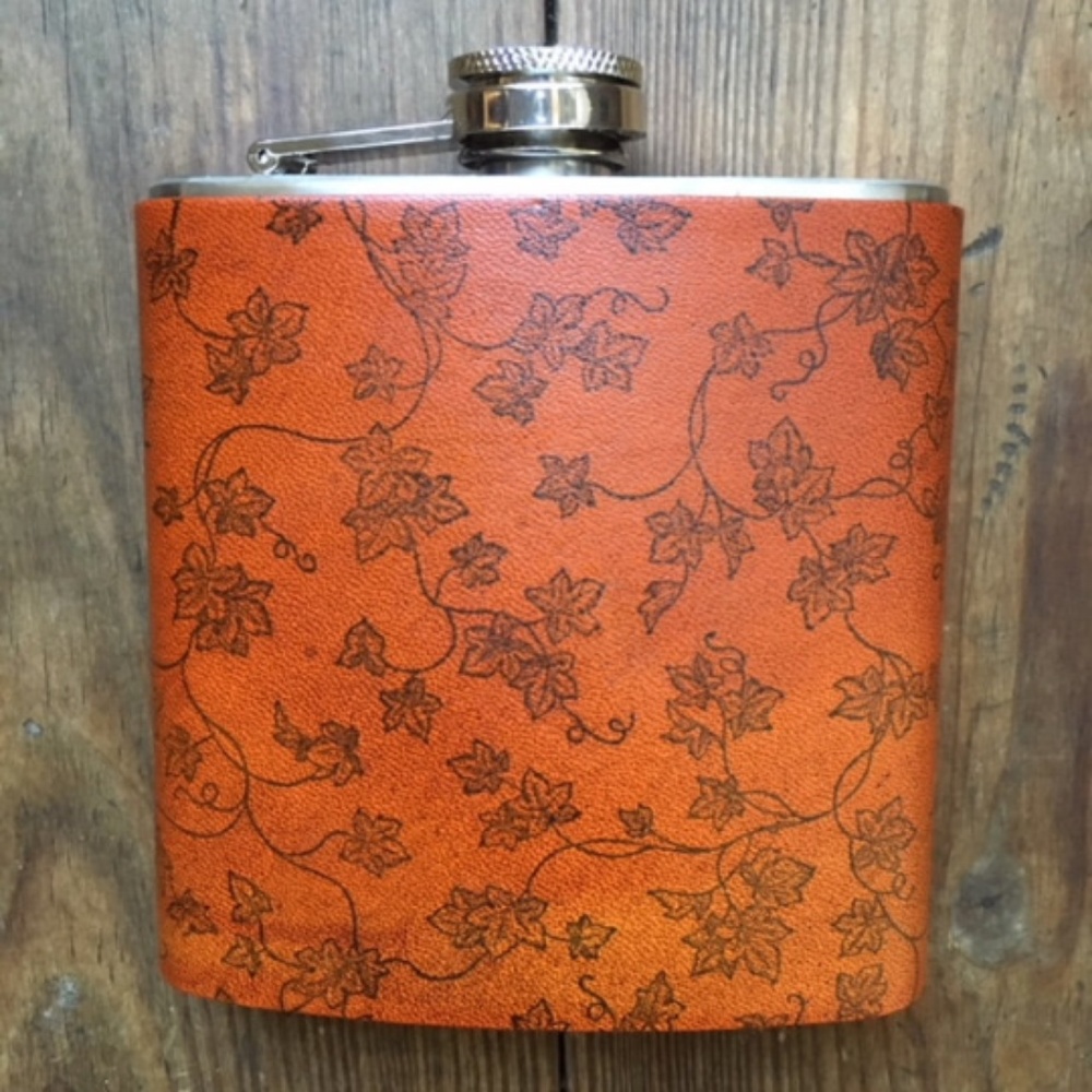 NEW Ivy Stamped in Ink Leather Flask 6 ounces